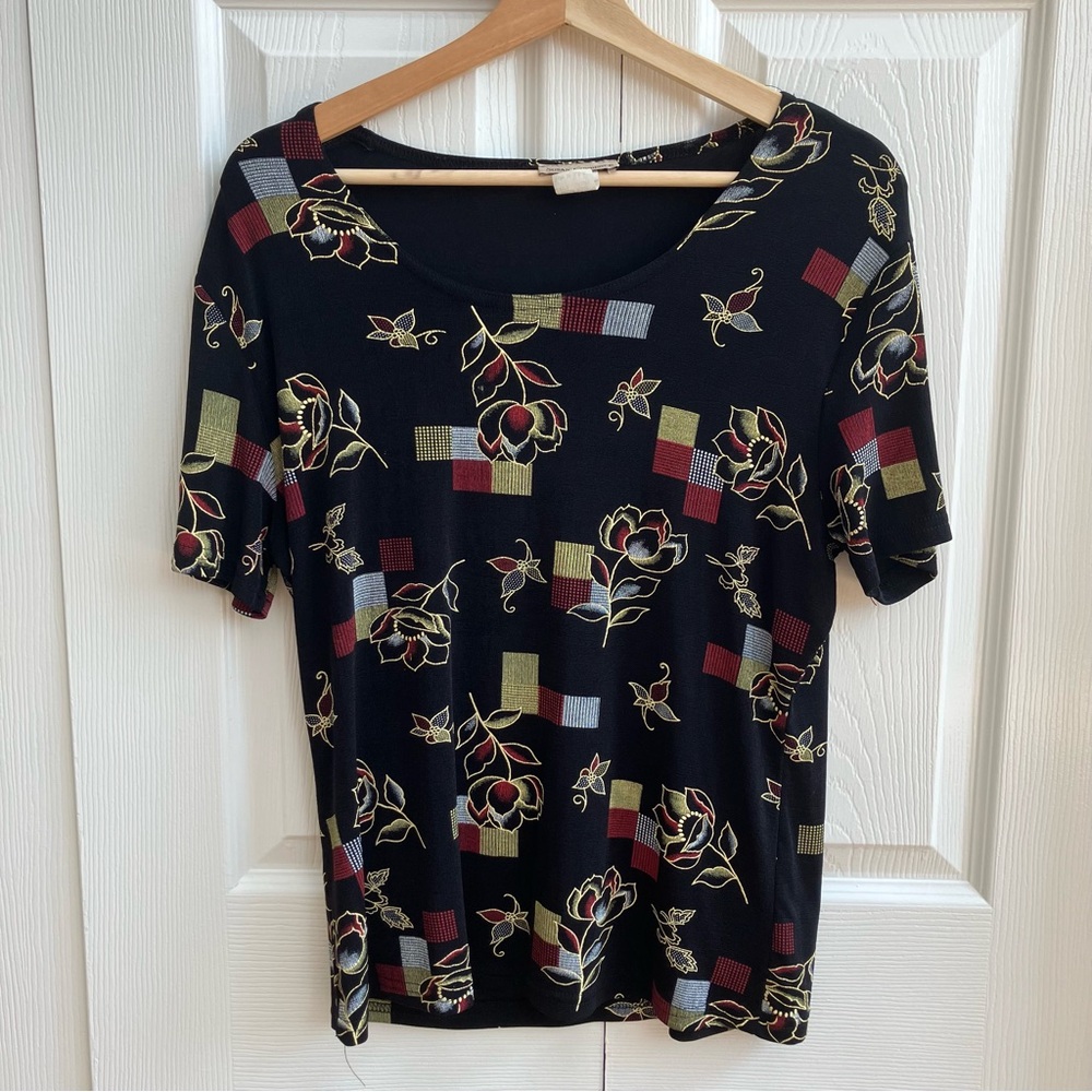 Susan Lawrence Vintage 90s Black Floral Stretch Top Women’s L Retro Minimalist